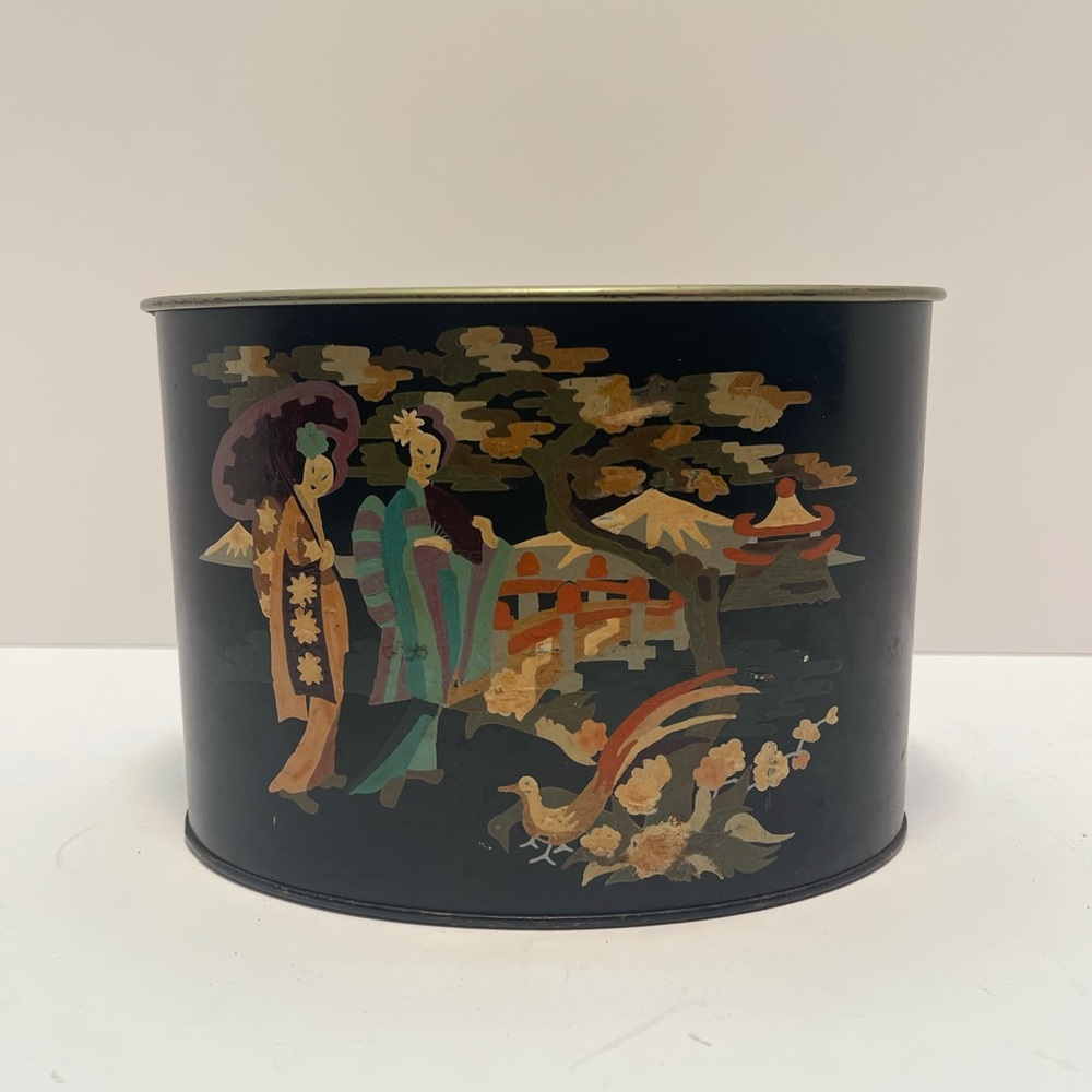 Vintage Asian Toleware Hand Painted Black Metal Planter